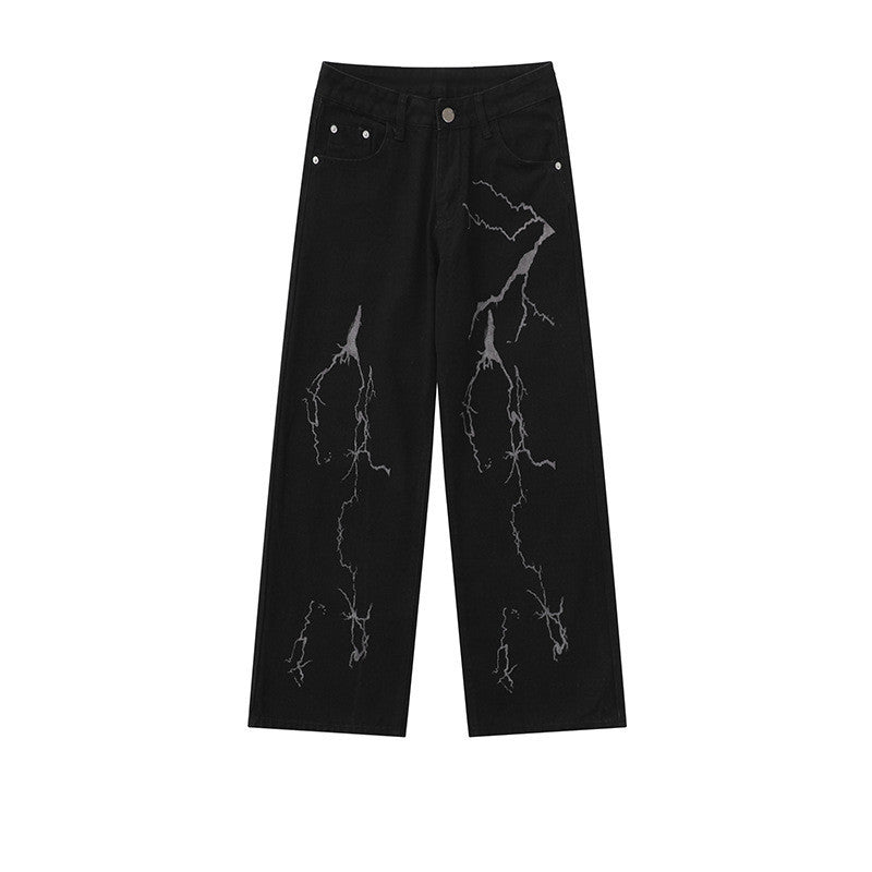 Printed Black Denim Wide-leg Straight Pants