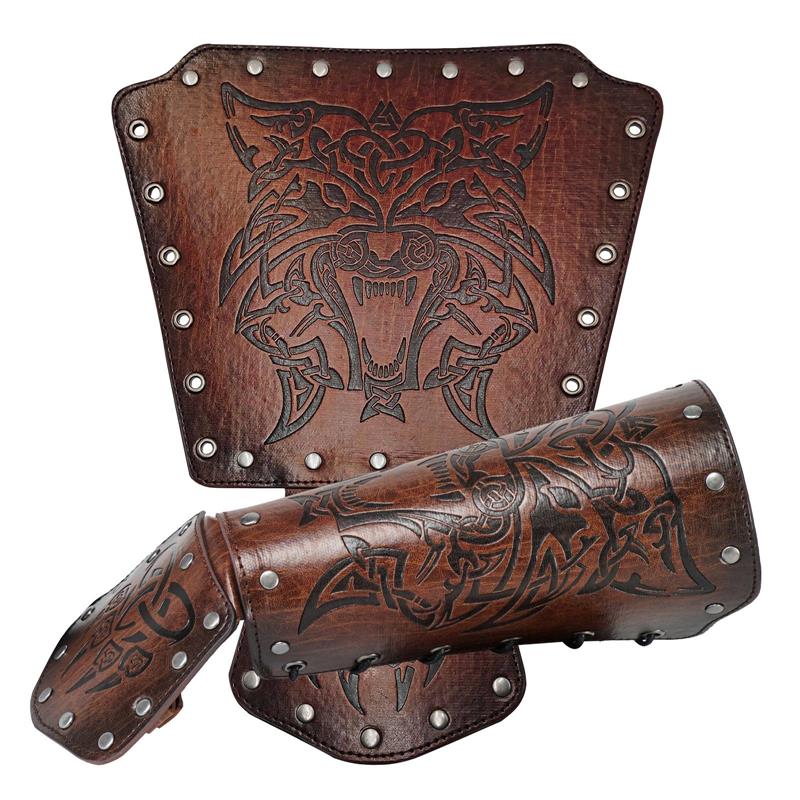 Brazo protector de muñeca con diseño de cabeza de lobo en relieve estilo vikingo nórdico