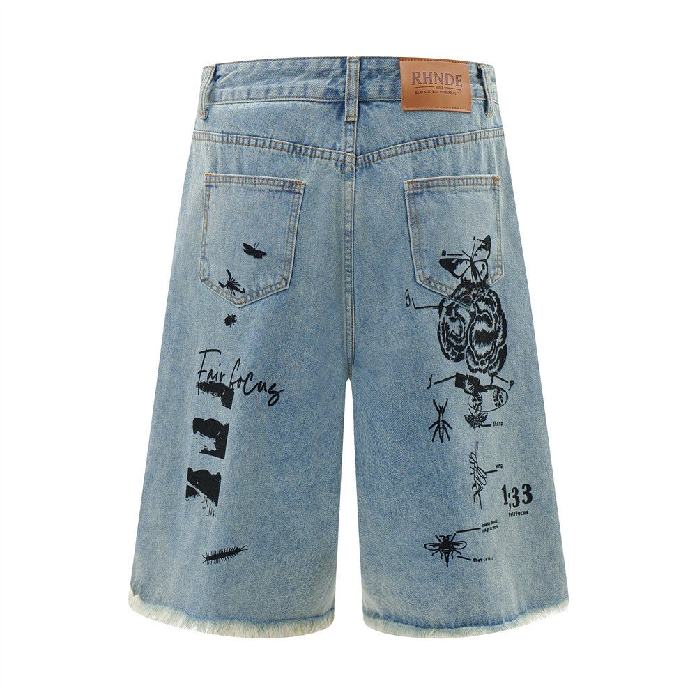 Printed Denim Straight Shorts For Men