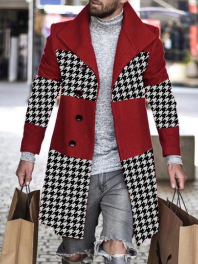 Men's Printed Patchwork Contrast Wool Top Coat