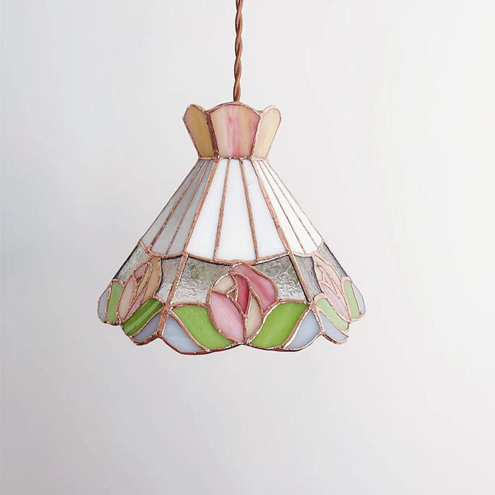 Tea Chestnut French Retro Rose Stained Glass Chandelier