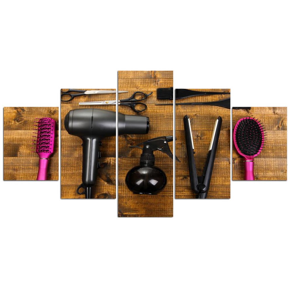 Outils de coiffure, assortiment de peinture sur toile, affiche de décoration murale