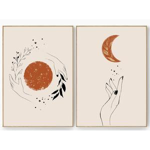 Arte abstracto nórdico moderno simple mano naranja sol y luna línea lámina de oro