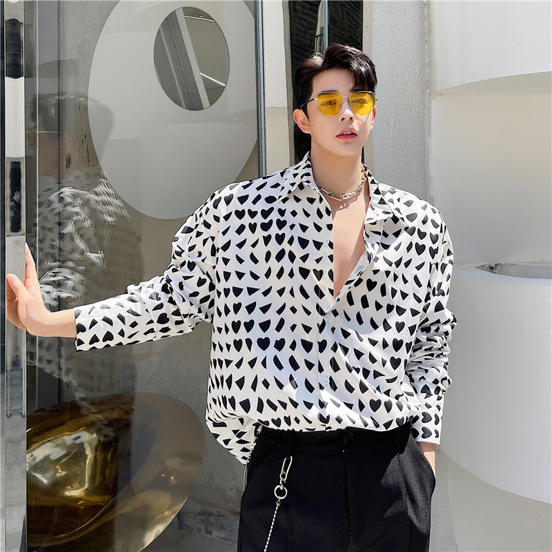 Black And White Collision Geometric Pattern Printed Long-sleeved Shirt Men