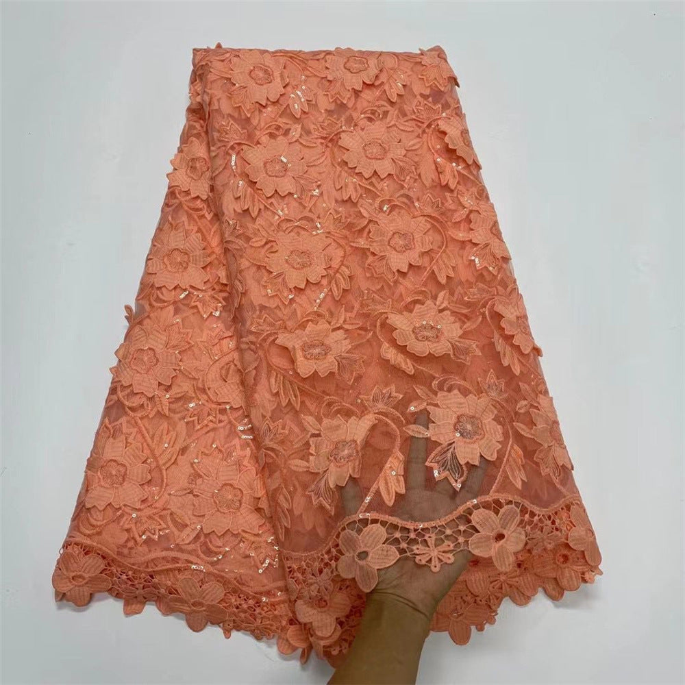 Water Soluble Lace With Sequins Embroidered Flower Texture Mesh Fabric