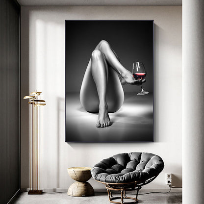 Femme Verre à Vin Toile Peinture Noir Blanc