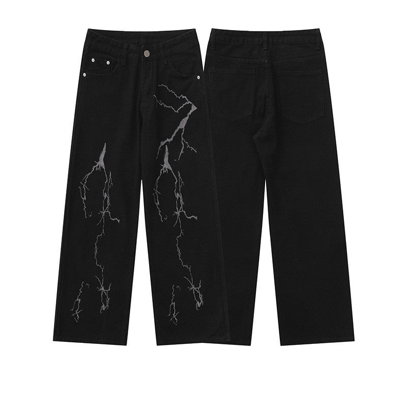 Pantalon droit large en denim noir imprimé