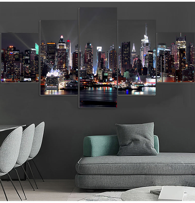 Lienzo de pintura mural con diseño de arquitectura de la ciudad de Nueva York, paisaje, impresión, vista nocturna, póster, decoración del hogar