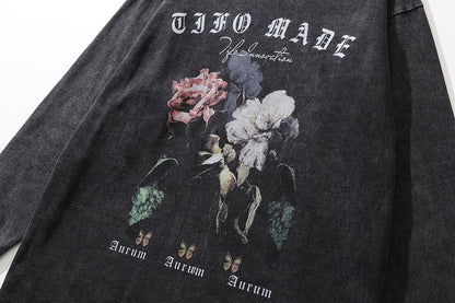 Men's Rose Flower Printed Long-sleeved T-shirt