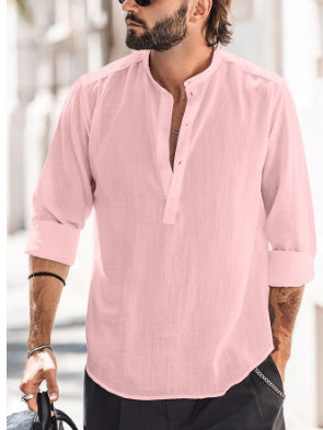 Chemise décontractée à manches longues pour hommes, col montant, porte baril, couleur unie