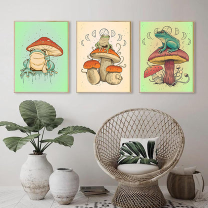 Póster de pared con pintura en lienzo de setas y ranas para decoración del hogar