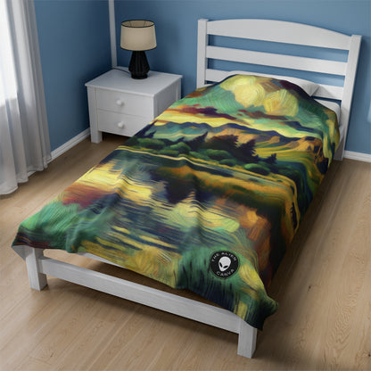 "Dusk in the Countryside: A Vibrant Post-Impressionist Painting" - The Alien Velveteen Plush Blanket Post-Impressionism