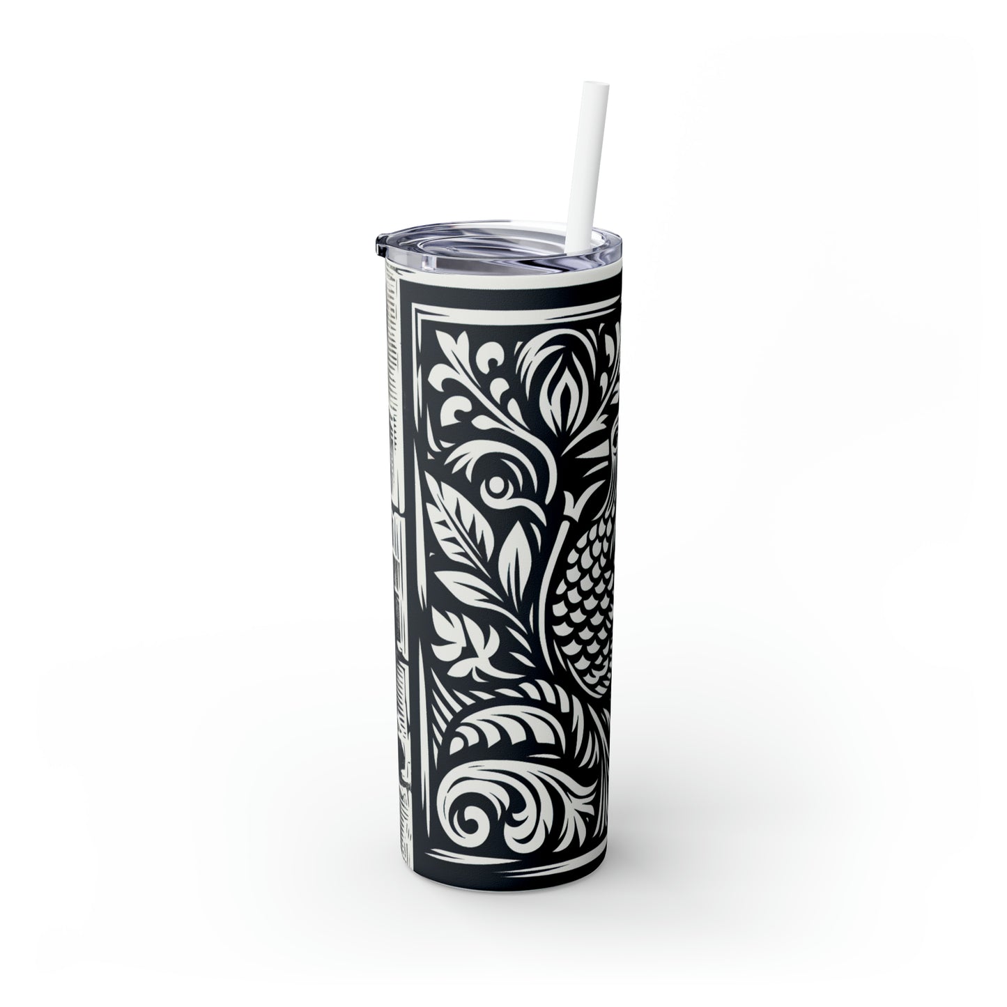 "Elements in Unison: A Woodcut Exploration" - The Alien Maars® Skinny Tumbler with Straw 20oz Woodcut Printing