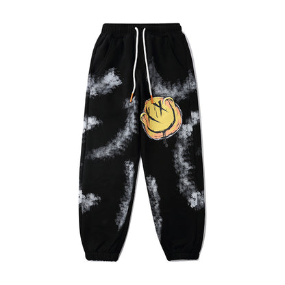 Tie-printed smiley print sports men's casual pants