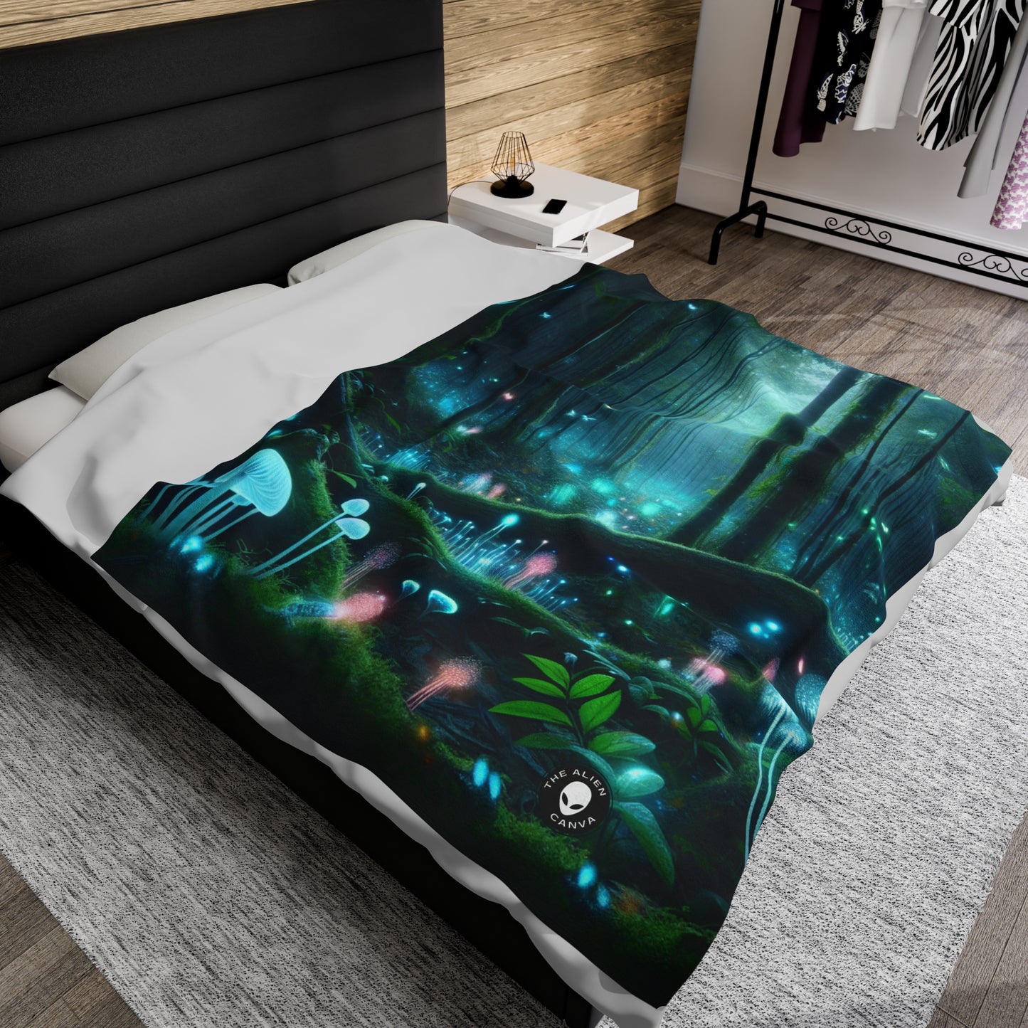 "Enchanted Night: Bioluminescent Forest" - The Alien Velveteen Plush Blanket