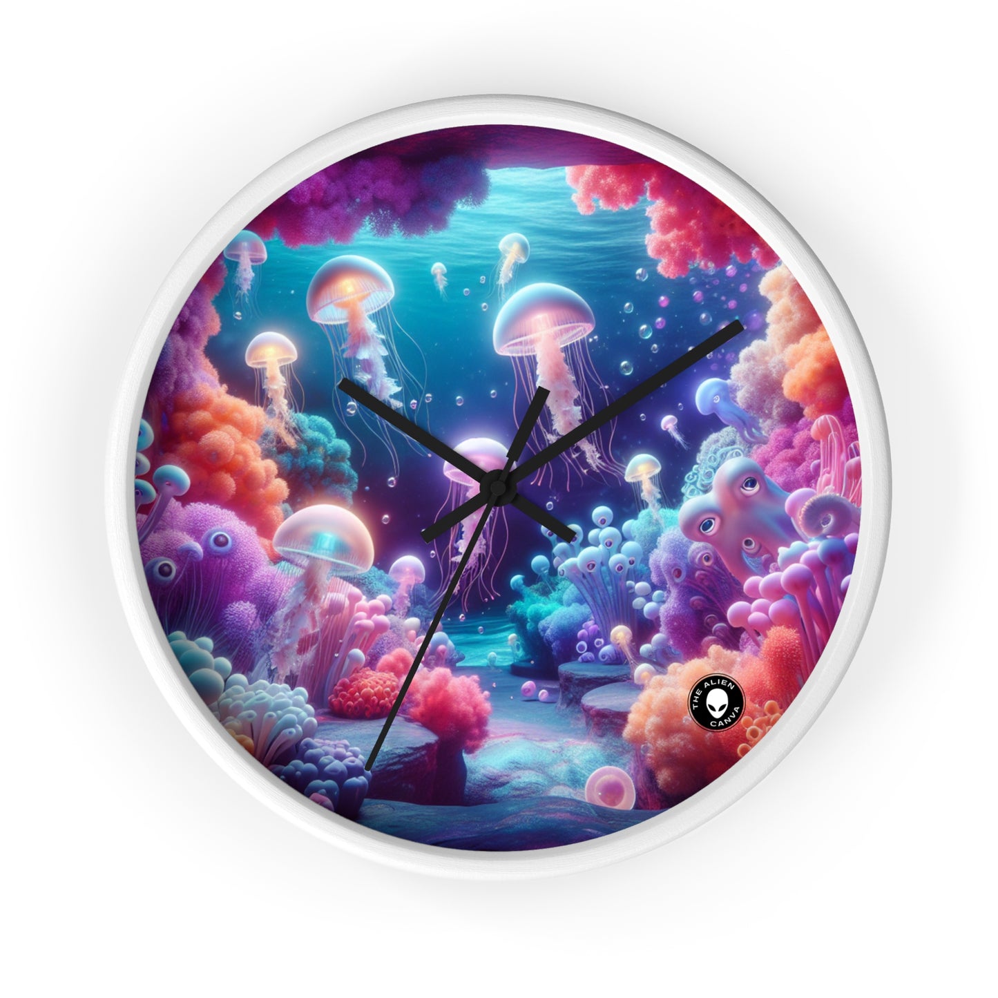 Enchanting Underwater Realm: Glowing Jellyfish and Curious Octopus - The Alien Wall Clock