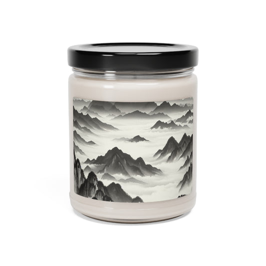 "Misty Peaks in the Fog" - Vela de soja con aroma a extraterrestre, estilo de pintura con lavado de tinta de 9 oz