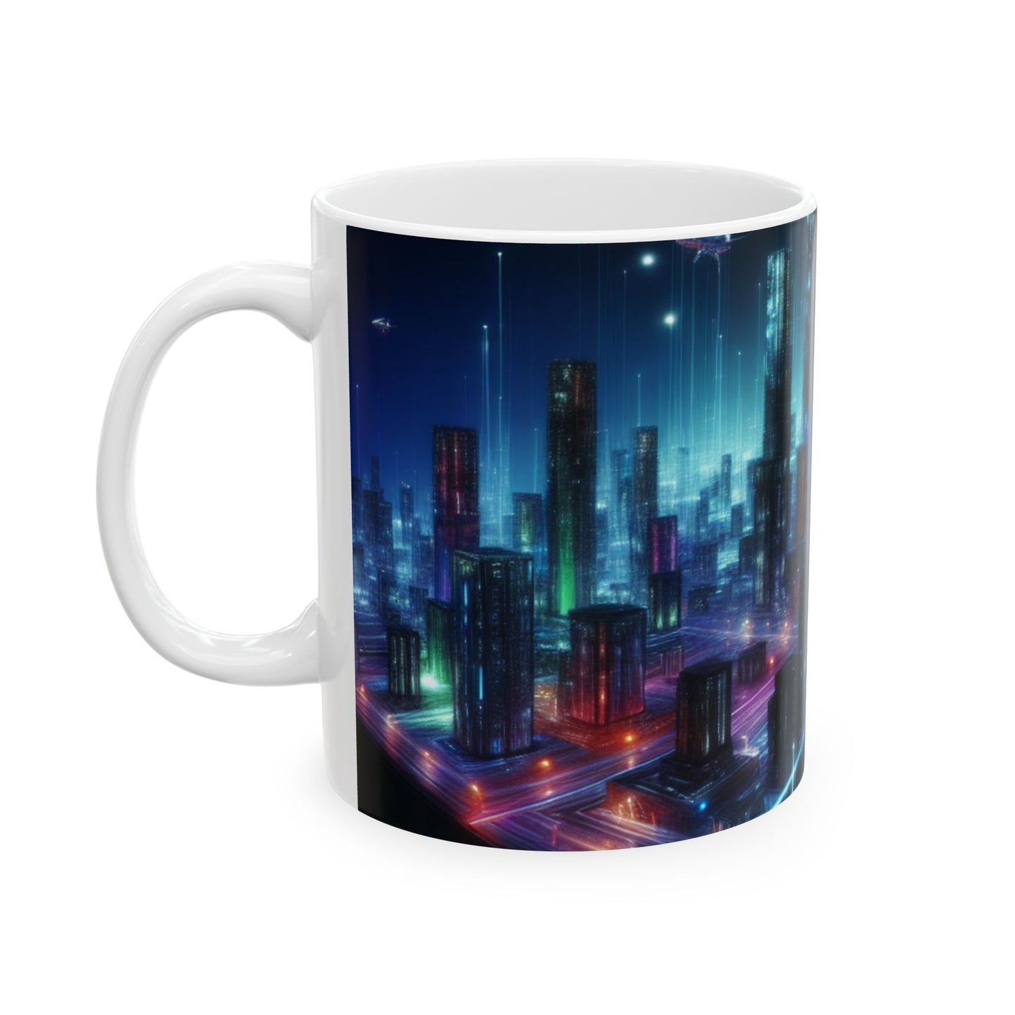 "Neon Skyline: un paisaje urbano futurista" - Taza de cerámica The Alien de 11 oz