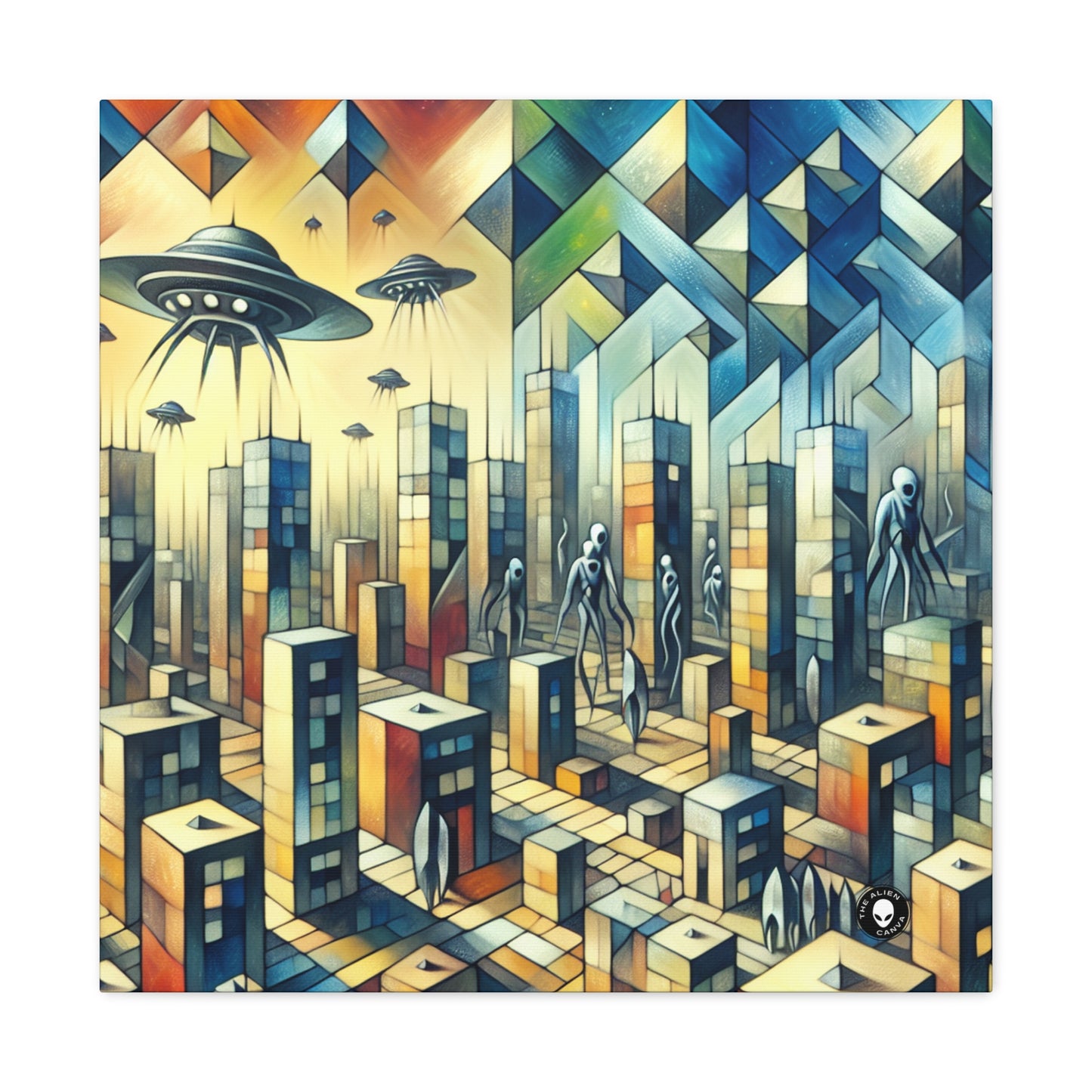 "Cubisme dans une ville futuriste envahie par des extraterrestres". - The Alien Canva Une ville futuriste envahie par des extraterrestres dans un style artistique cubiste