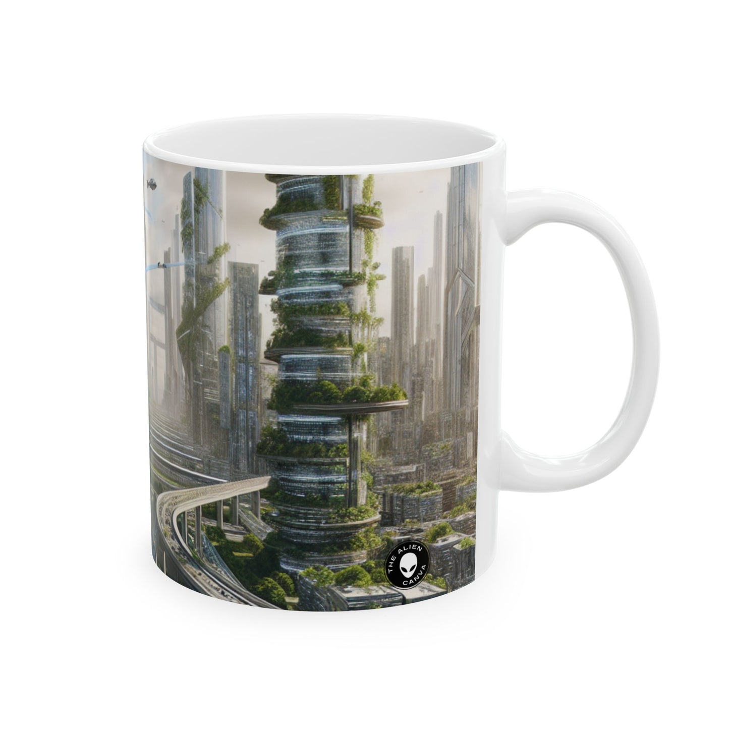 "La recuperación de la naturaleza: un paisaje urbano futurista" - Taza de cerámica alienígena de 11 oz