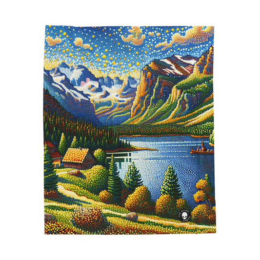 "Coucher de soleil tranquille : un chef-d'œuvre pointilliste d'une campagne sereine" - Le pointillisme de la couverture en peluche Alien Velveteen