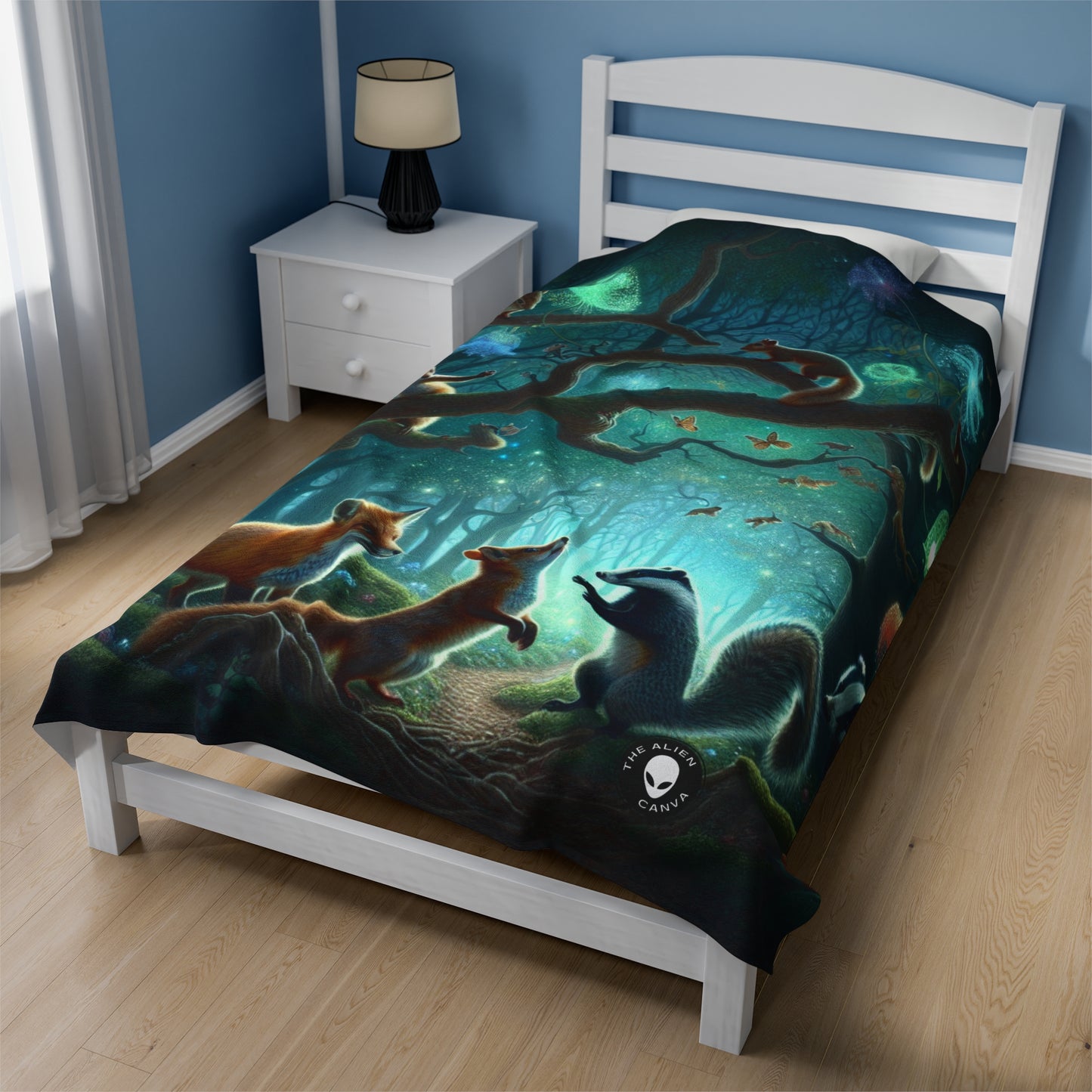 "Mystical Menagerie: Creatures frolicking in an enchanted forest" - The Alien Velveteen Plush Blanket