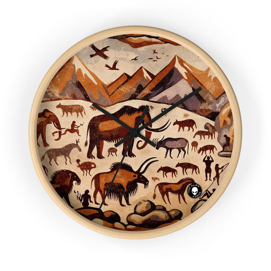 Title: "Ancient Encounter: The Battle of Giants" - The Alien Wall Clock Cave Painting