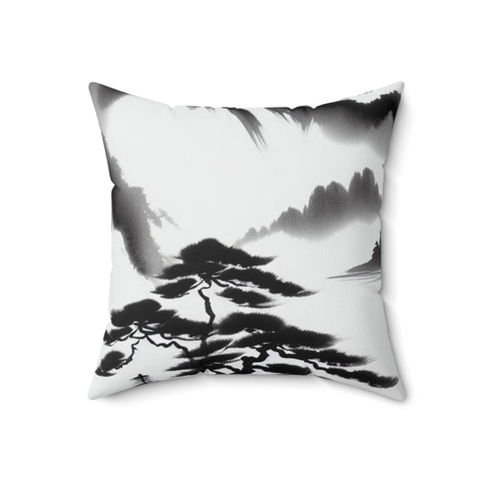 "Mountain Reflection: A Serene Zen Ink Painting"- The Alien Spun Polyester Square Pillow Zen Ink Painting