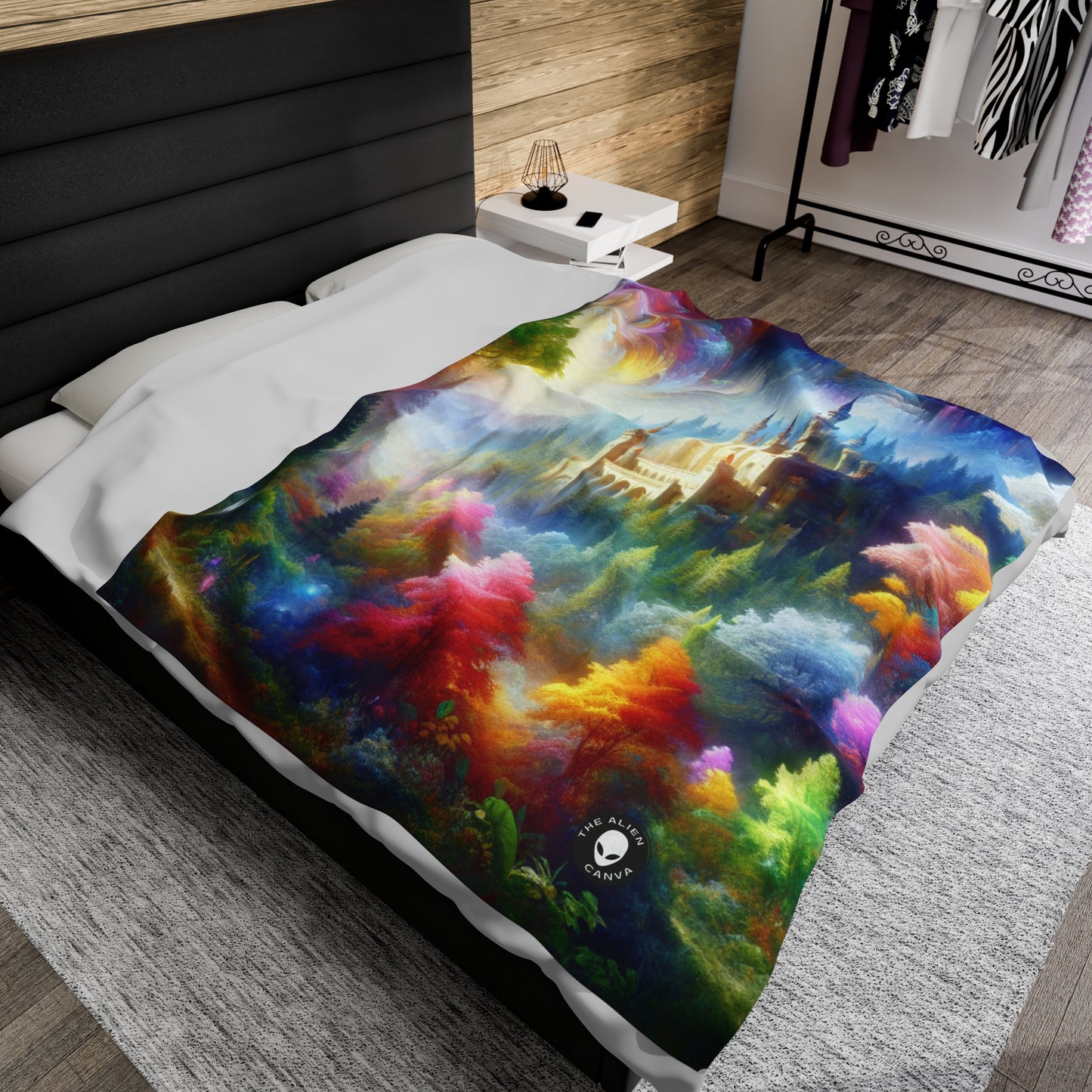 "Glowing Enchantment: The Castle in the Colorful Forest" - The Alien Velveteen Plush Blanket