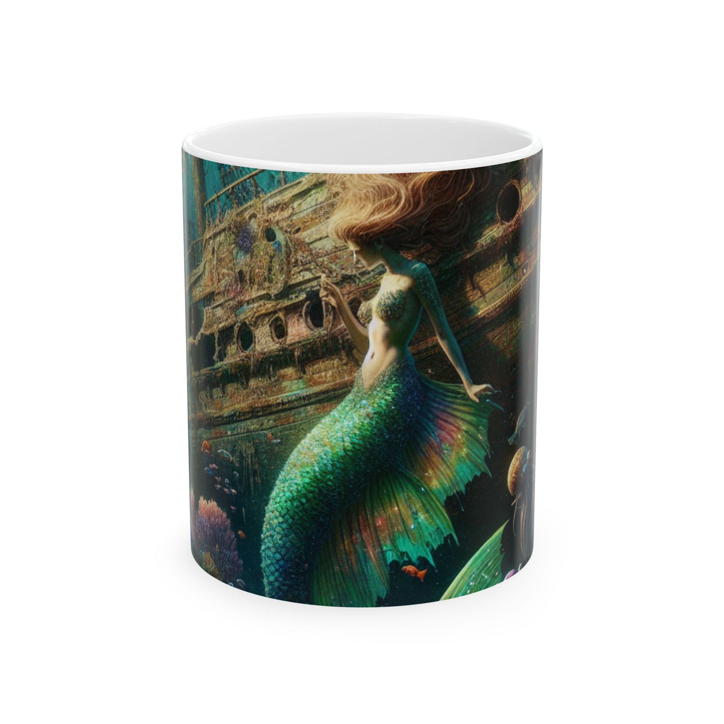 "El tesoro de la sirena: explorando el naufragio hundido" - Taza de cerámica alienígena de 11 oz