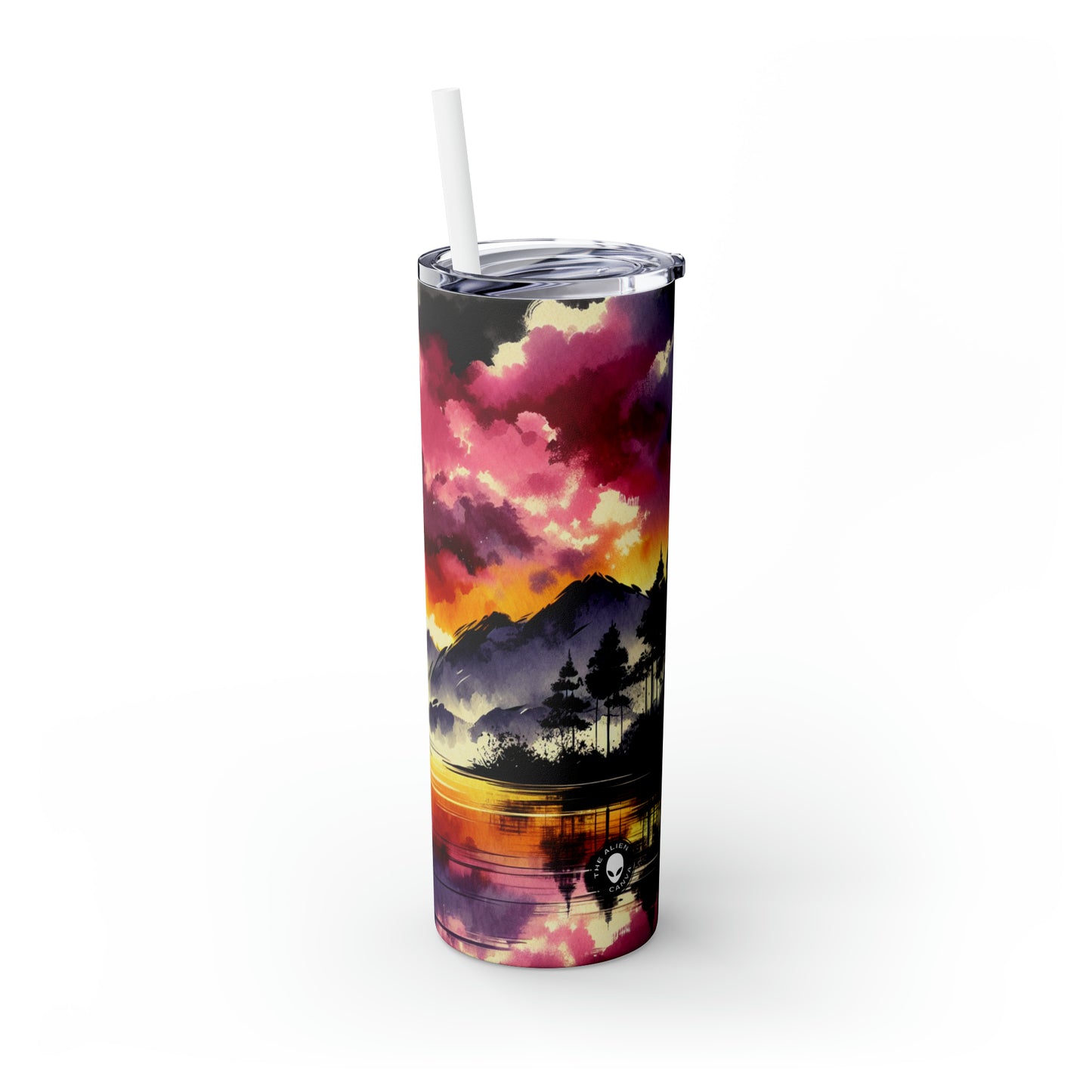 "A Pastel Sunset Symphony" - The Alien Maars® Skinny Tumbler with Straw 20oz Ink Wash Painting