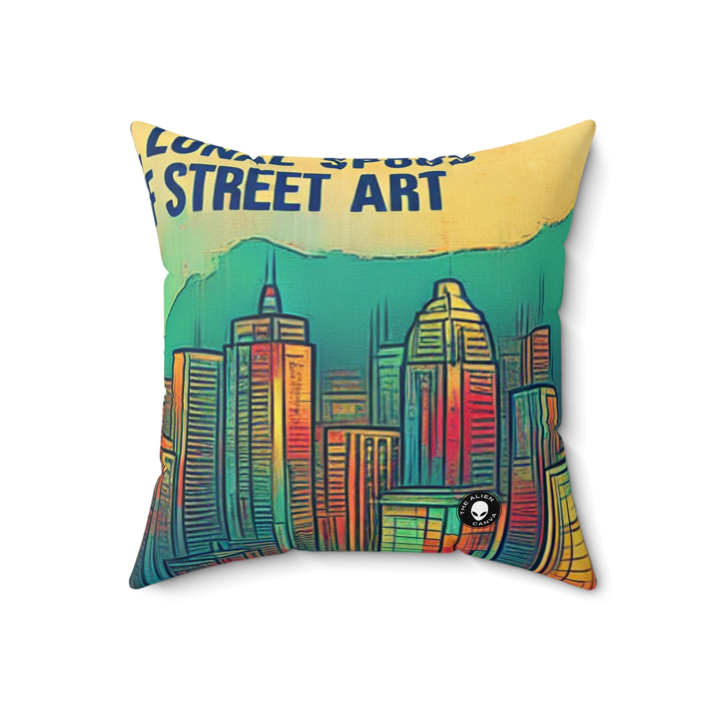 "Urban Myth: The Vibrant Street Art Fusion"- The Alien Spun Polyester Square Pillow Street Art