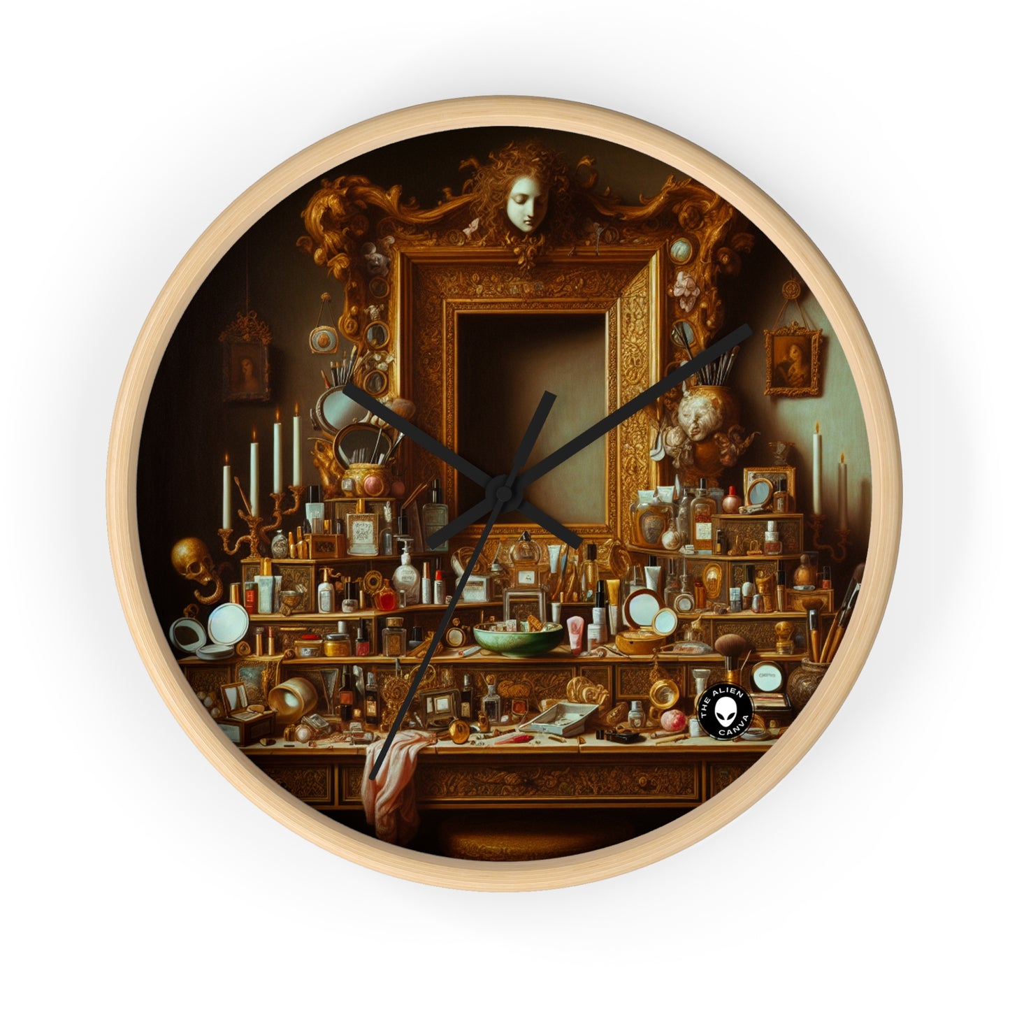 "The Vanity of Luxury: A Modernized Vanitas" - The Alien Wall Clock Vanitas Painting