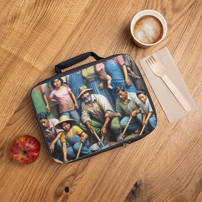 "Reaping Hope: A Migrant Family in the Garden" - The Alien Lunch Bag Social Realism Style