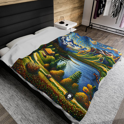 "Tranquil Sunset: A Pointillist Masterpiece of Serene Countryside" - The Alien Velveteen Plush Blanket Pointillism