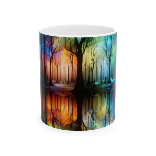 "Bosque arcoíris encantado": taza de cerámica alienígena de 11 oz