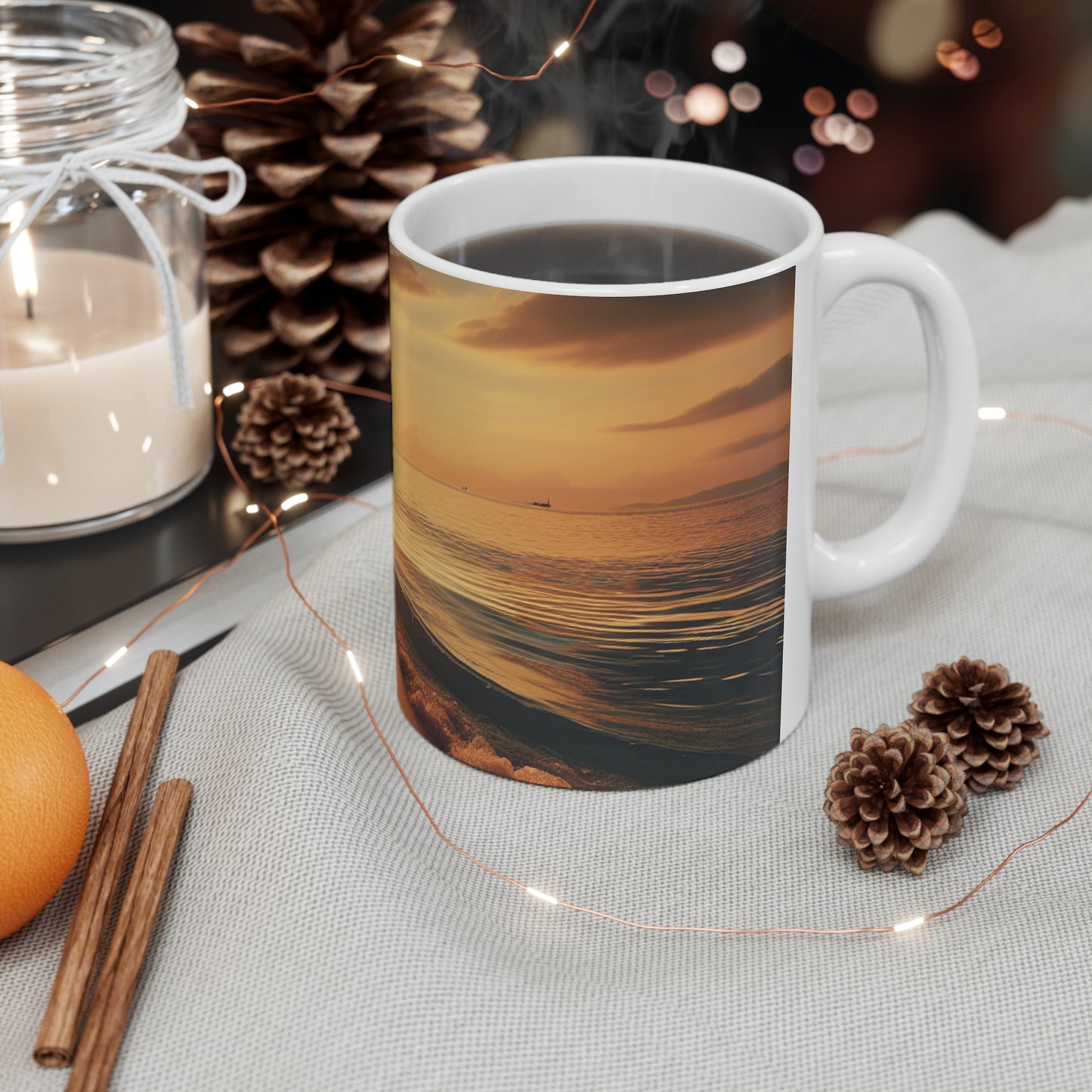 "Une promenade le long de la plage au coucher du soleil" - La tasse en céramique Alien 11oz style photoréalisme