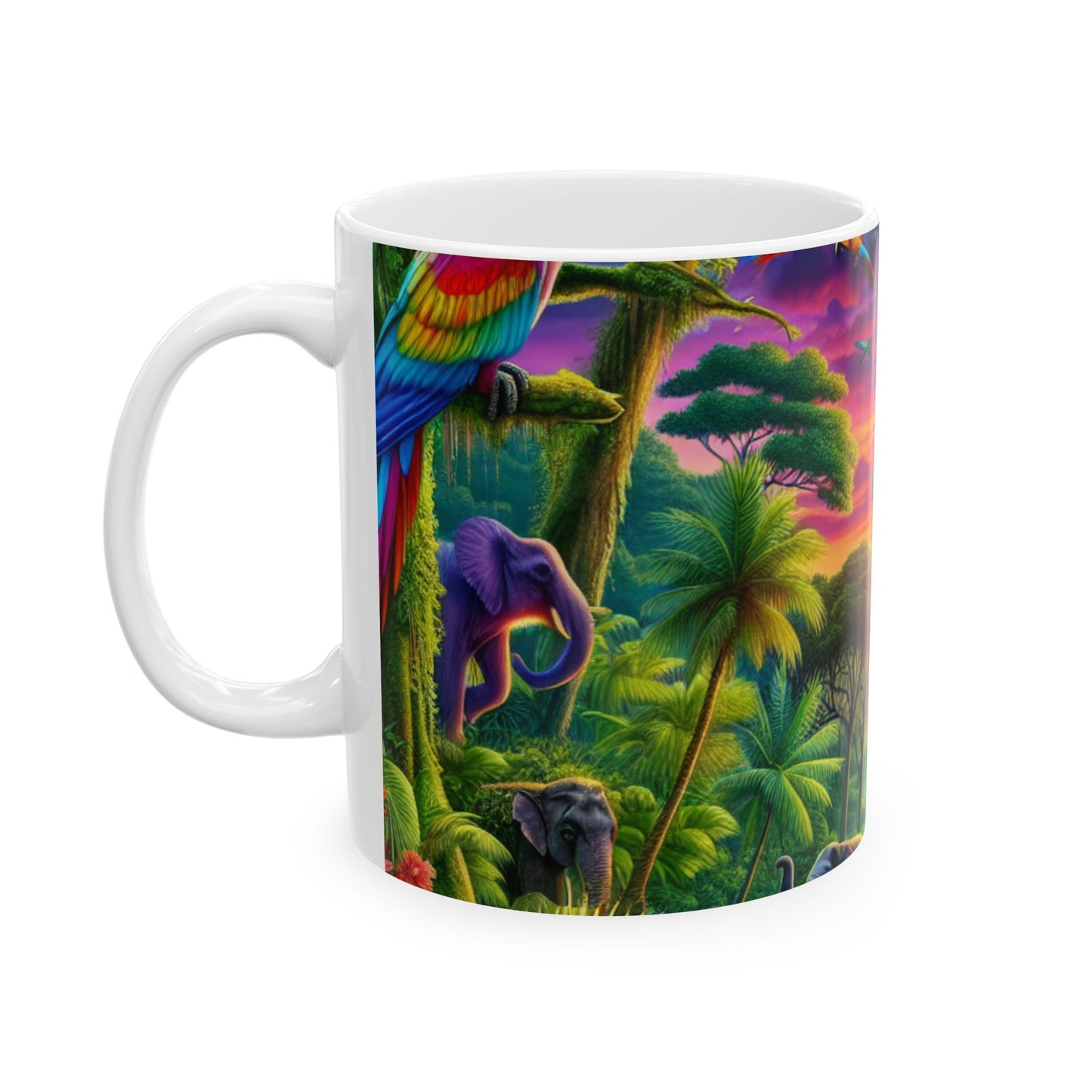 "Atardecer en la naturaleza: una aventura en la jungla del arcoíris" - Taza de cerámica The Alien de 11 oz