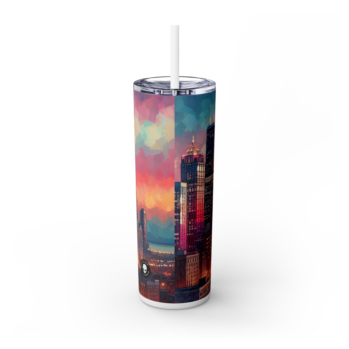 "Dusky Reflections: City Skyline at Sunset" - The Alien Maars® Skinny Tumbler with Straw 20oz