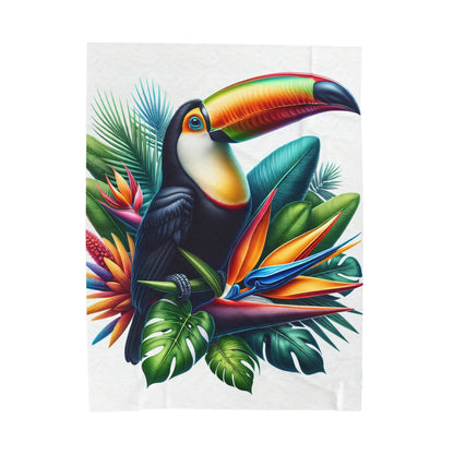 "Toucan sur une fleur tropicale" - La couverture en peluche Alien Velveteen style hyperréaliste