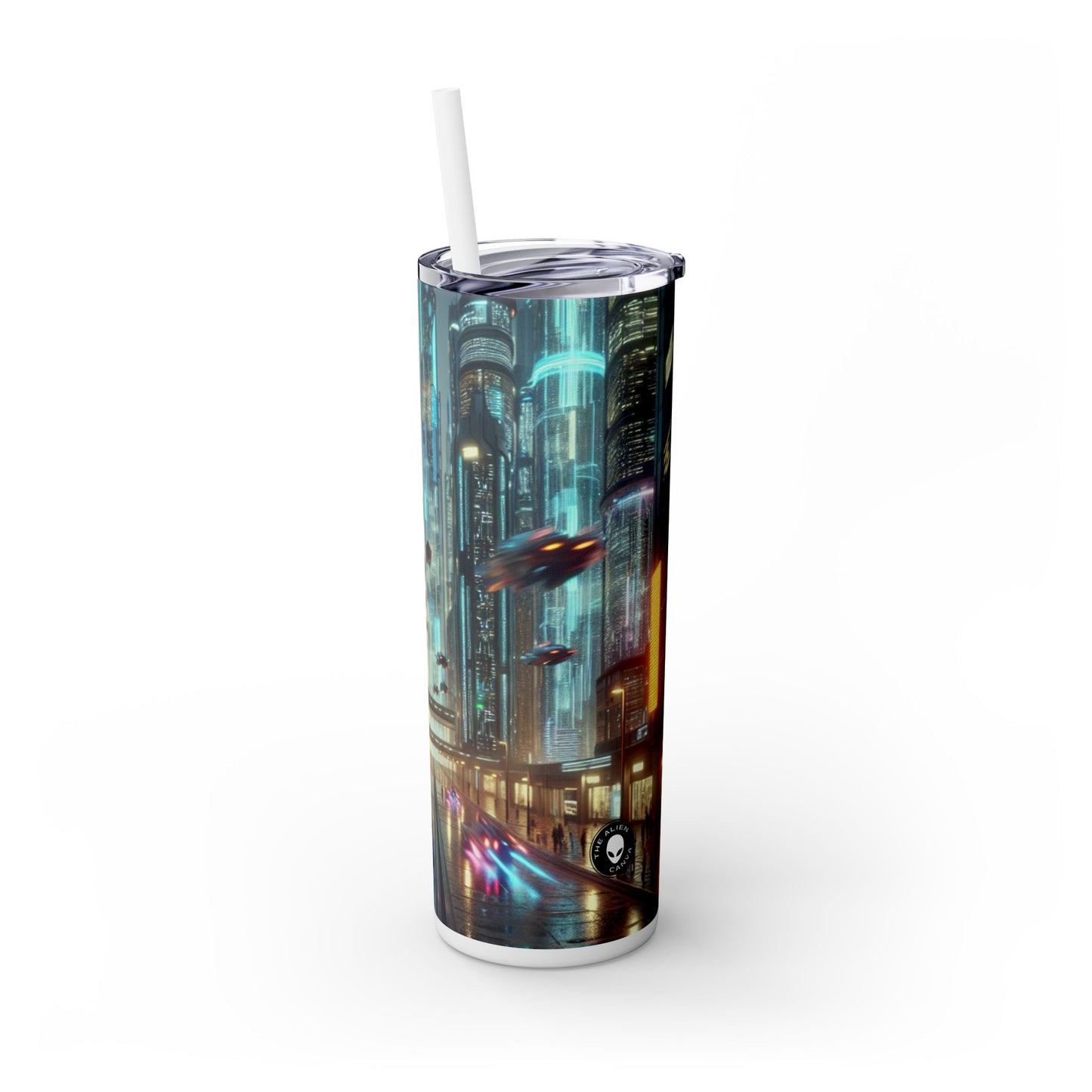 Neon Rain: A Futuristic Cityscape - The Alien Maars® Skinny Tumbler with Straw 20oz