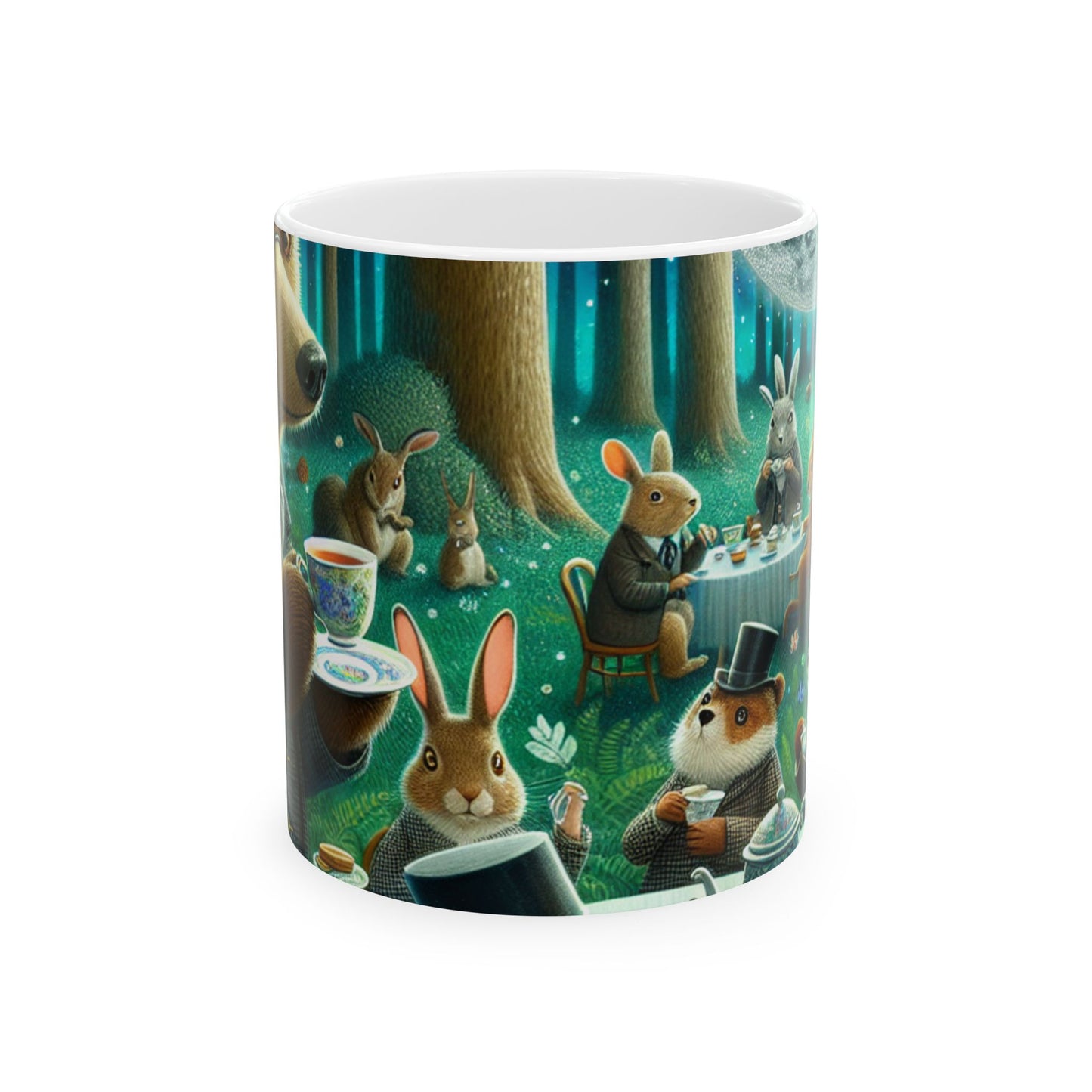 "Fiesta de té encantada a la luz de la luna en el bosque" - Taza de cerámica alienígena de 11 oz