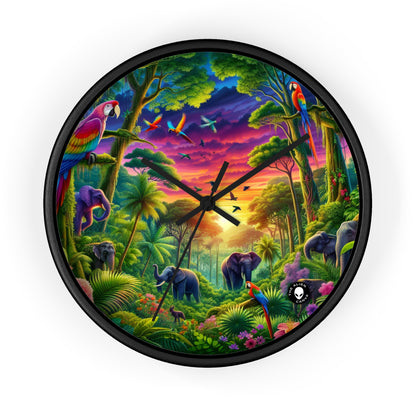 « Coucher de soleil dans la nature : une aventure dans la jungle arc-en-ciel » – L'horloge murale Alien