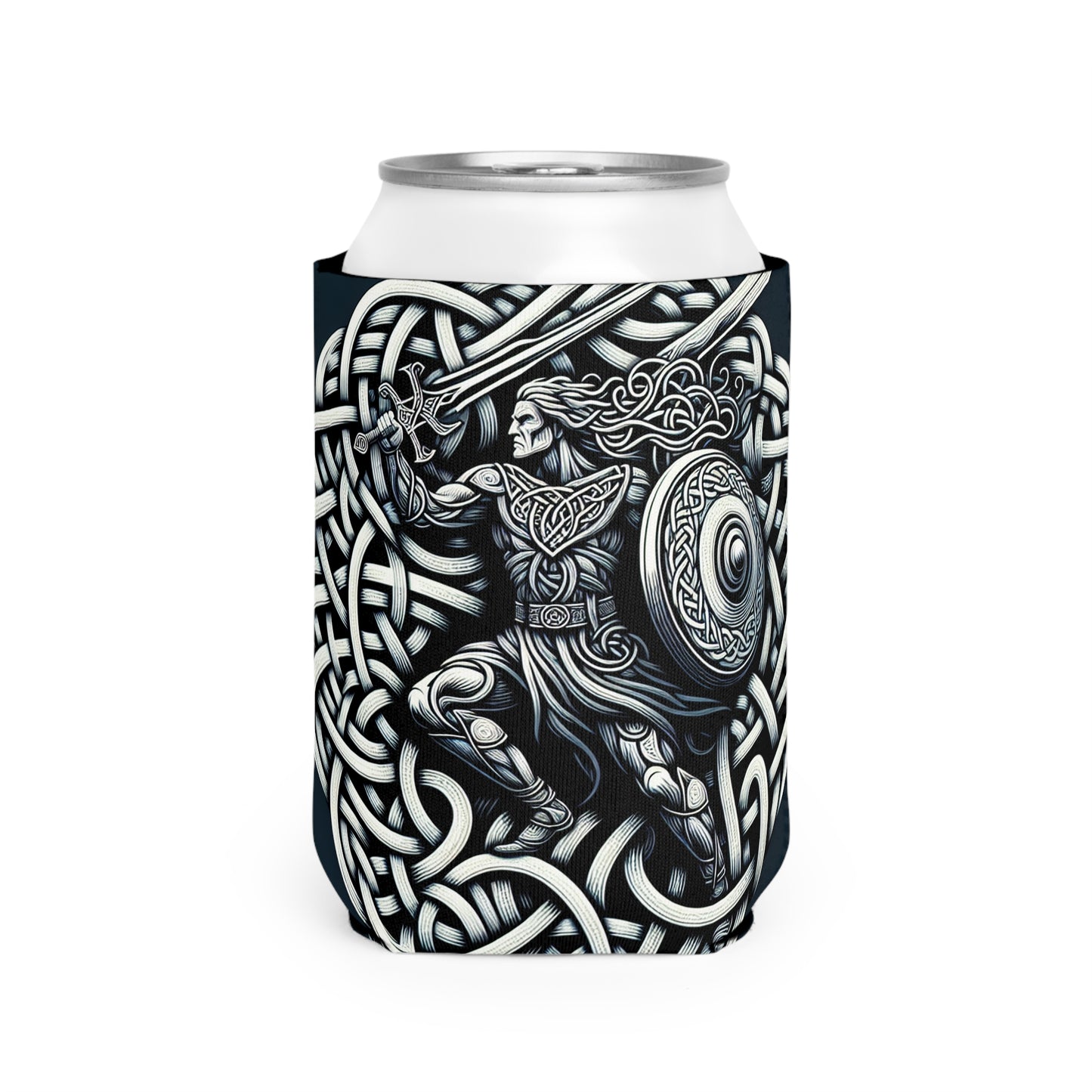 "Celtic Knight: Sword & Shield in Ancient Knots" - The Alien Can Cooler Sleeve Celtic Art Style