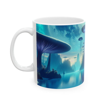 "Moonlit Mushroom Lake" - Taza de cerámica alienígena de 11 oz