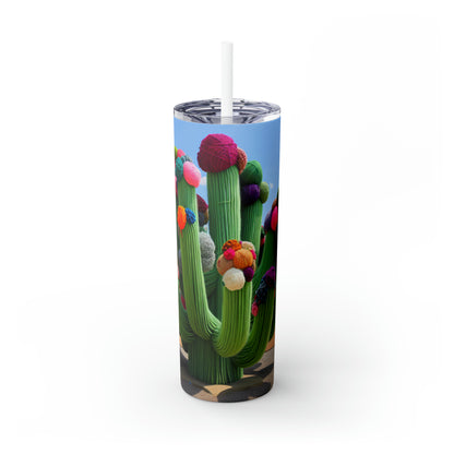 "Yarn-Filled Cacti in the Sky" - The Alien Maars® Skinny Tumbler with Straw 20oz Yarn Bombing (Fiber Art) Style