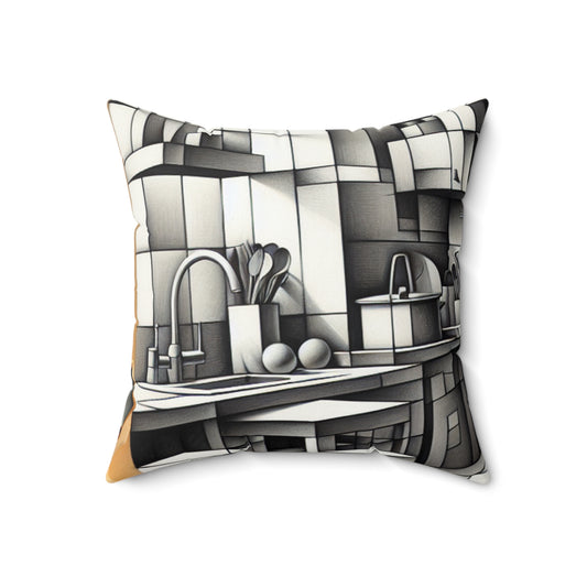 "Collage de cocina cubista" - La almohada cuadrada de poliéster hilado alienígena estilo cubismo