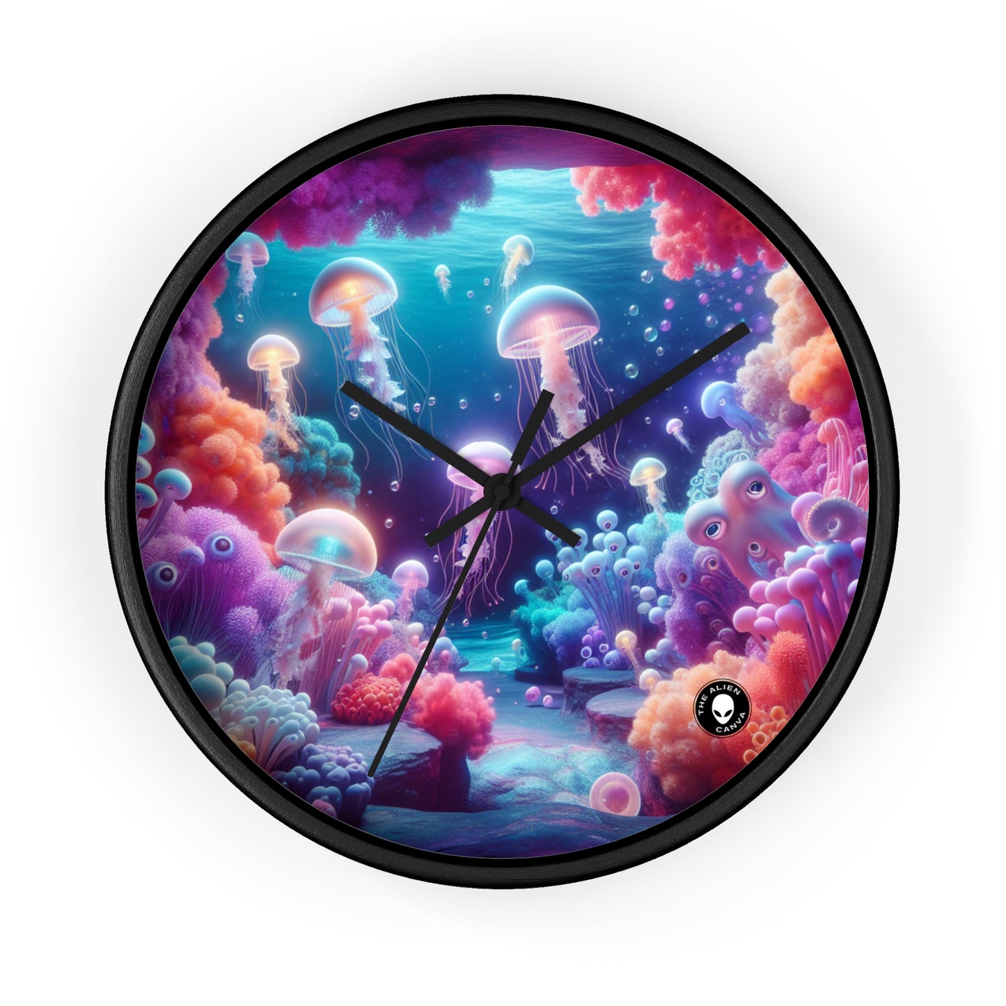 Enchanting Underwater Realm: Glowing Jellyfish and Curious Octopus - The Alien Wall Clock