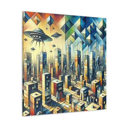 "Cubism in a Futuristic, Alien-Invaded City". - The Alien Canva A futristic city invaded by aliens in cubism art style