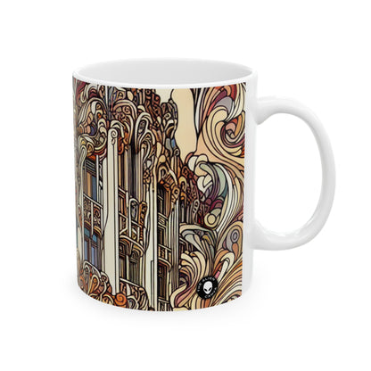 "Estaciones encantadas: Ilustración del bosque Art Nouveau" - Taza de cerámica The Alien 11oz Art Nouveau